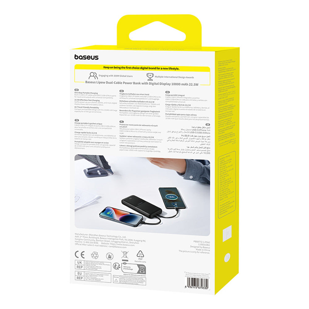 Baseus Lipow 10000mAh 22.5W Powerbank with Dual Built-in Cable with Display (with additional black Baseus Simple USB-A - USB-C 3A 0.2m cable) - Black