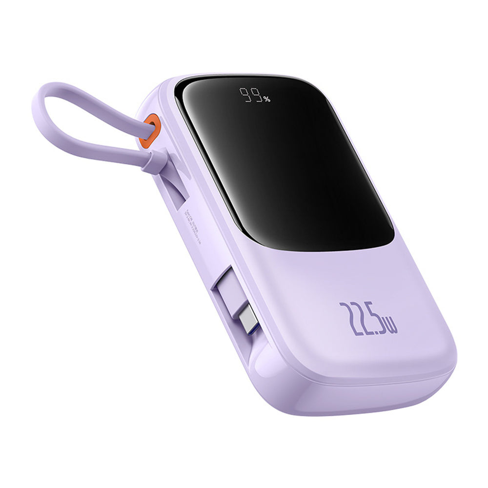 Baseus Qpow Pro+ 10000mAh 22.5W Power Bank med indbygget USB-C-kabel og display - Purple