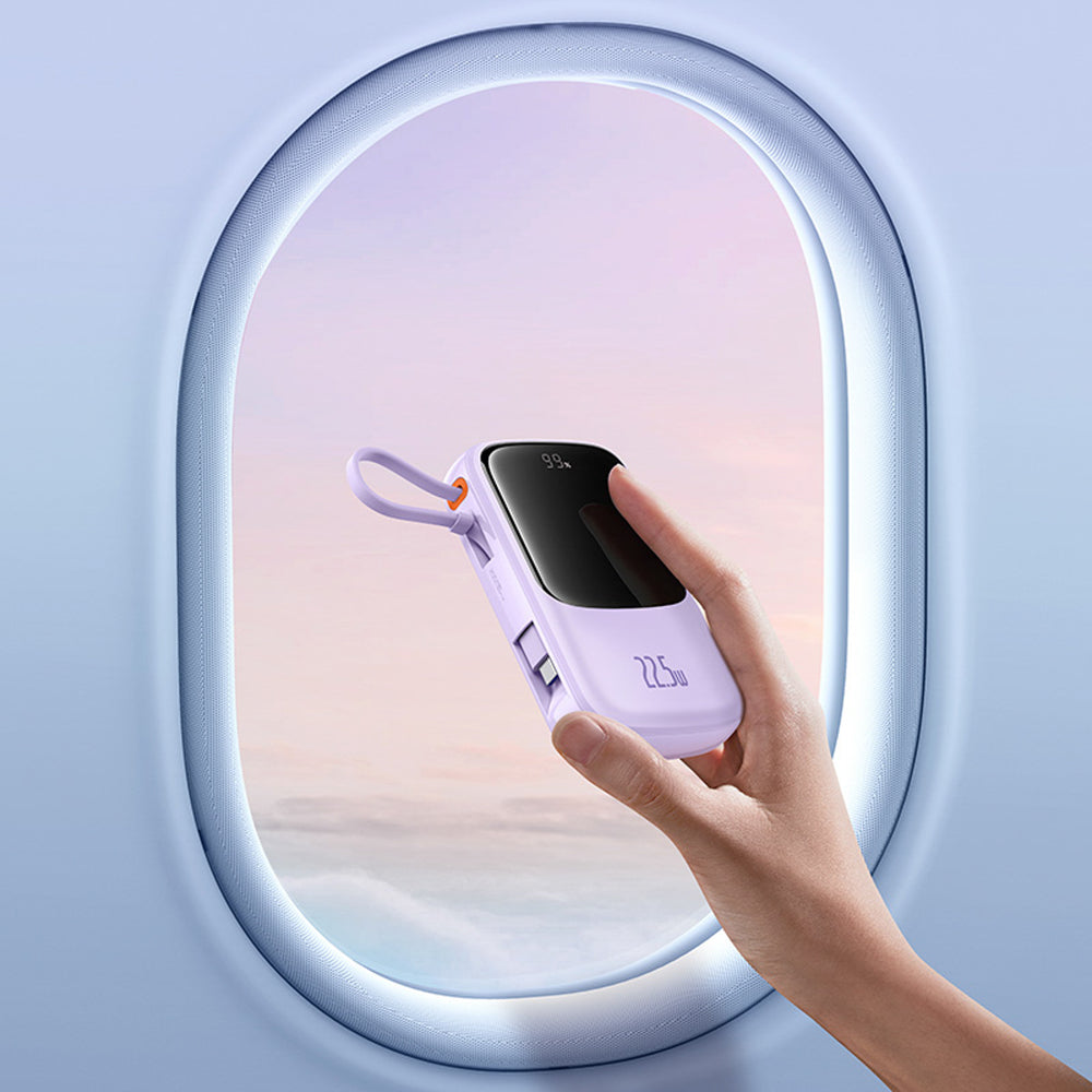 Baseus Qpow Pro+ 10000mAh 22.5W Power Bank with Built-in USB-C Cable and Display - Purple