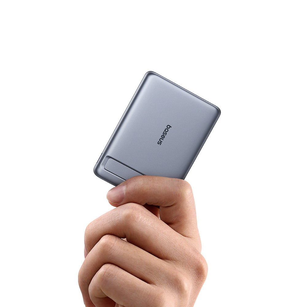 Baseus PicoGo AM31 Qi2 5000mAh 20W Ultra-Thin MagSafe Compatible Power Bank with Stand and Baseus Simple USB-C 20cm Braided Cable - Gray