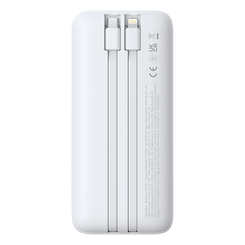 Baseus Lipow 20000mAh 22.5W Powerbank with two built-in cables with additional Baseus Simple USB-A - USB-C 3A 20cm cable - white