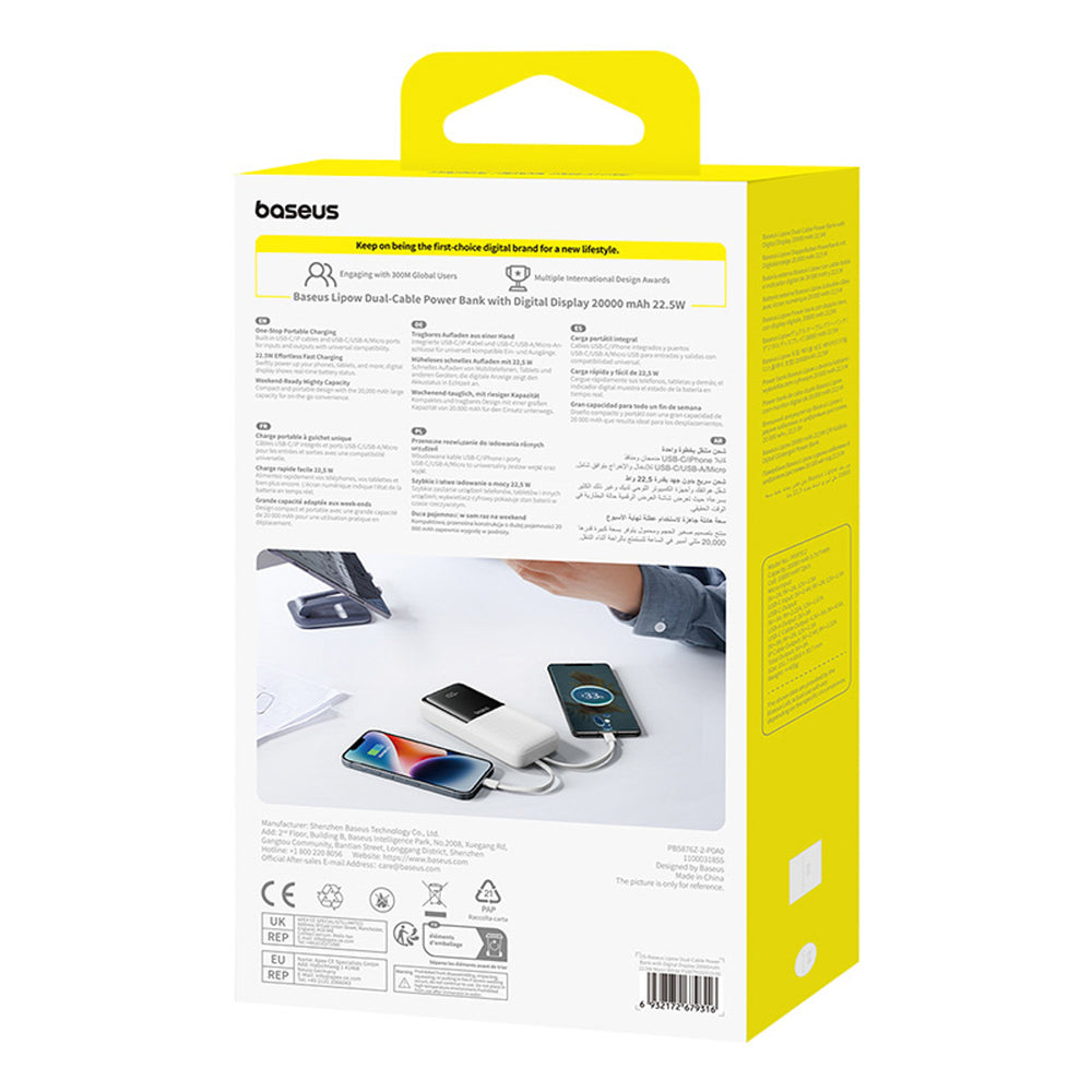 Baseus Lipow 20000mAh 22.5W Powerbank with two built-in cables with additional Baseus Simple USB-A - USB-C 3A 20cm cable - white
