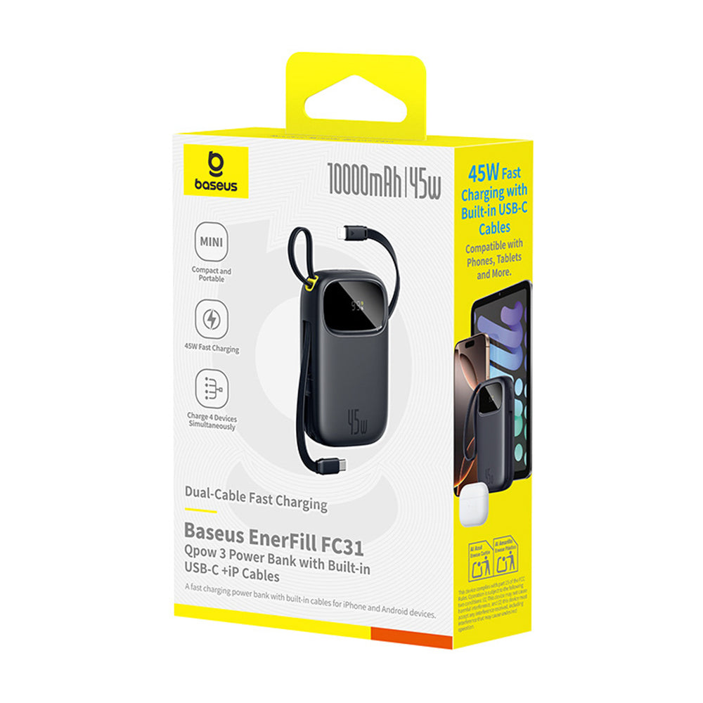 Baseus EnerFill FC31 QPow3 10000mAh 45W Power Bank with USB-C and Lightning Cables - Black