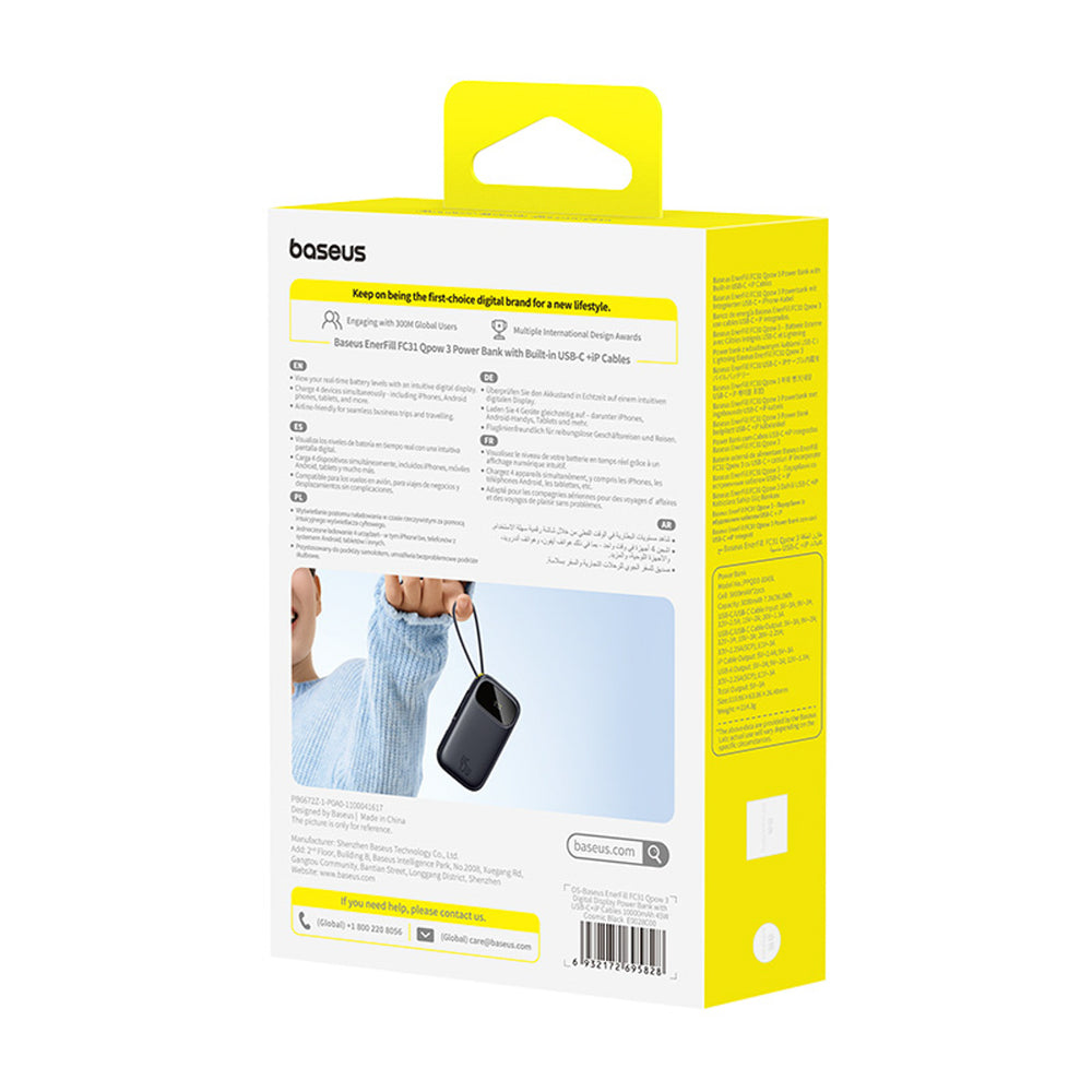 Baseus EnerFill FC31 QPow3 10000mAh 45W Power Bank with USB-C and Lightning Cables - Black