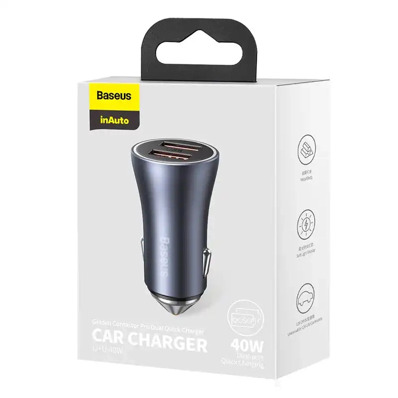 Baseus Golden Contactor Pro biloplader, 2x USB, 40W (grå)