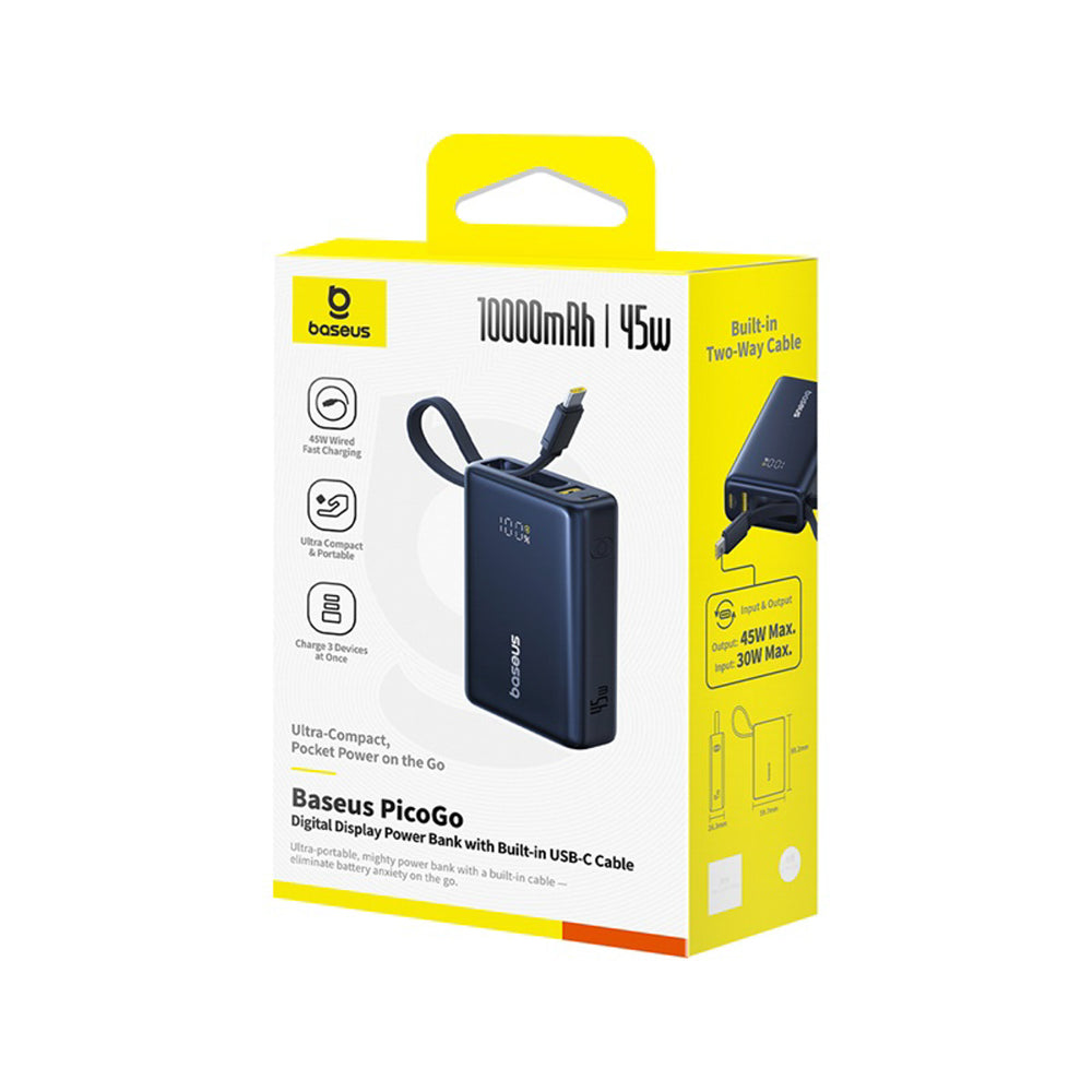 Baseus PicoGo 10000mAh 45W Power Bank with Digital Display and Built-in USB-C Cable - Black