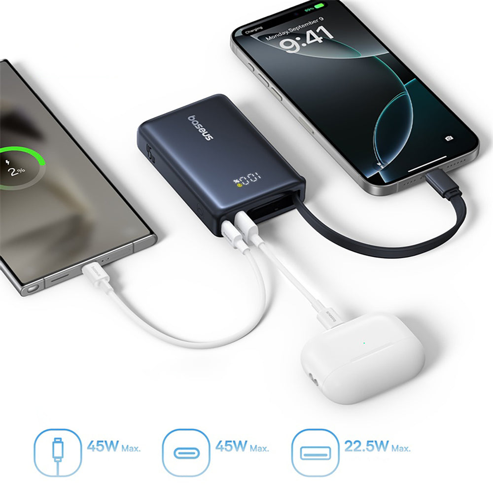 Baseus PicoGo 10000mAh 45W Power Bank with Digital Display and Built-in USB-C Cable - Black