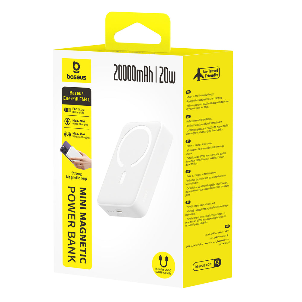 Baseus EnerFill FM41 20000mAh 20W Magnetic Power Bank with USB-C to USB-C Cable 30cm - White