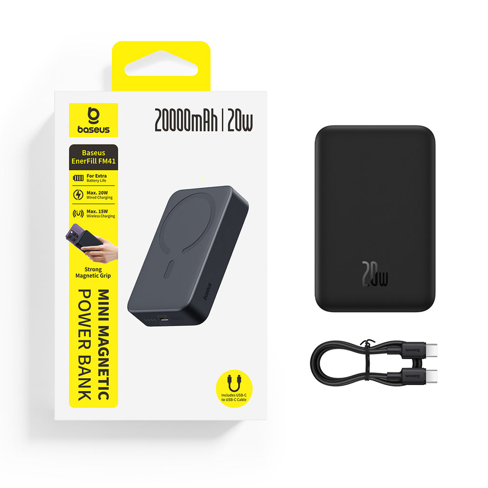 Baseus EnerFill FM41 20000mAh 20W Magnetic Power Bank with 30cm USB-C to USB-C Cable - Black