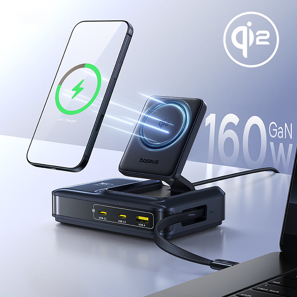 Baseus Nomos NH21 Qi2 160W 4-in-1 Wireless Charging Station with Retractable Cable - Black