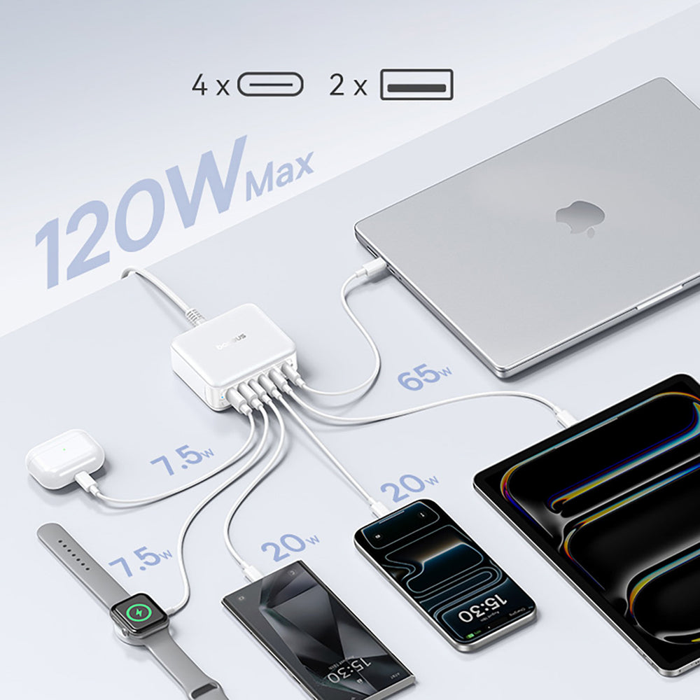 Baseus EnerFill FH21 120W Charging Station 4xUSB-C + 2xUSB-A - White