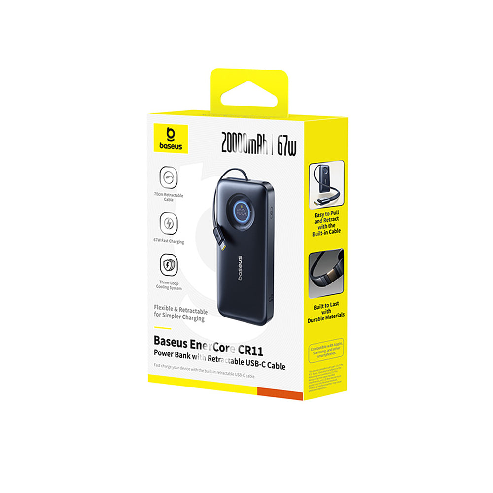 Baseus EnerCore CR11 20000mAh 67W Power Bank with Retractable USB-C Cable - Black