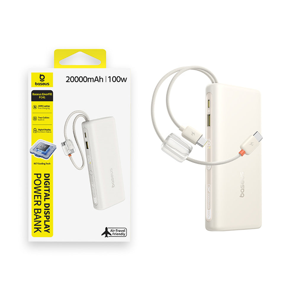 Baseus EnerFill FC41 20000mAh 100W Power Bank med digitalt display med to indbyggede USB-C-kabler - beige