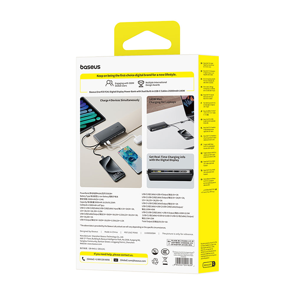 Baseus EnerFill FC41 25000mAh 145W Power Bank with Digital Display and Built-in Dual USB-C Cable - Black