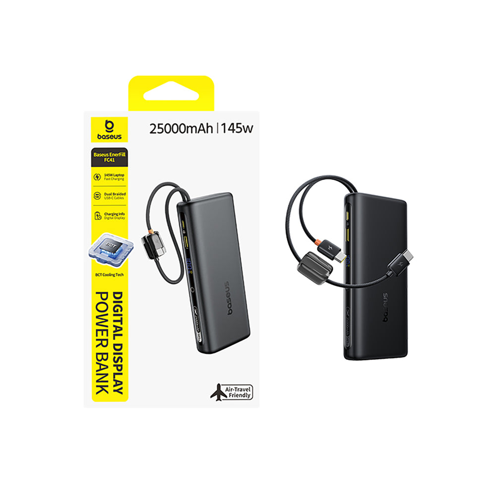 Baseus EnerFill FC41 25000mAh 145W Power Bank with Digital Display and Built-in Dual USB-C Cable - Black