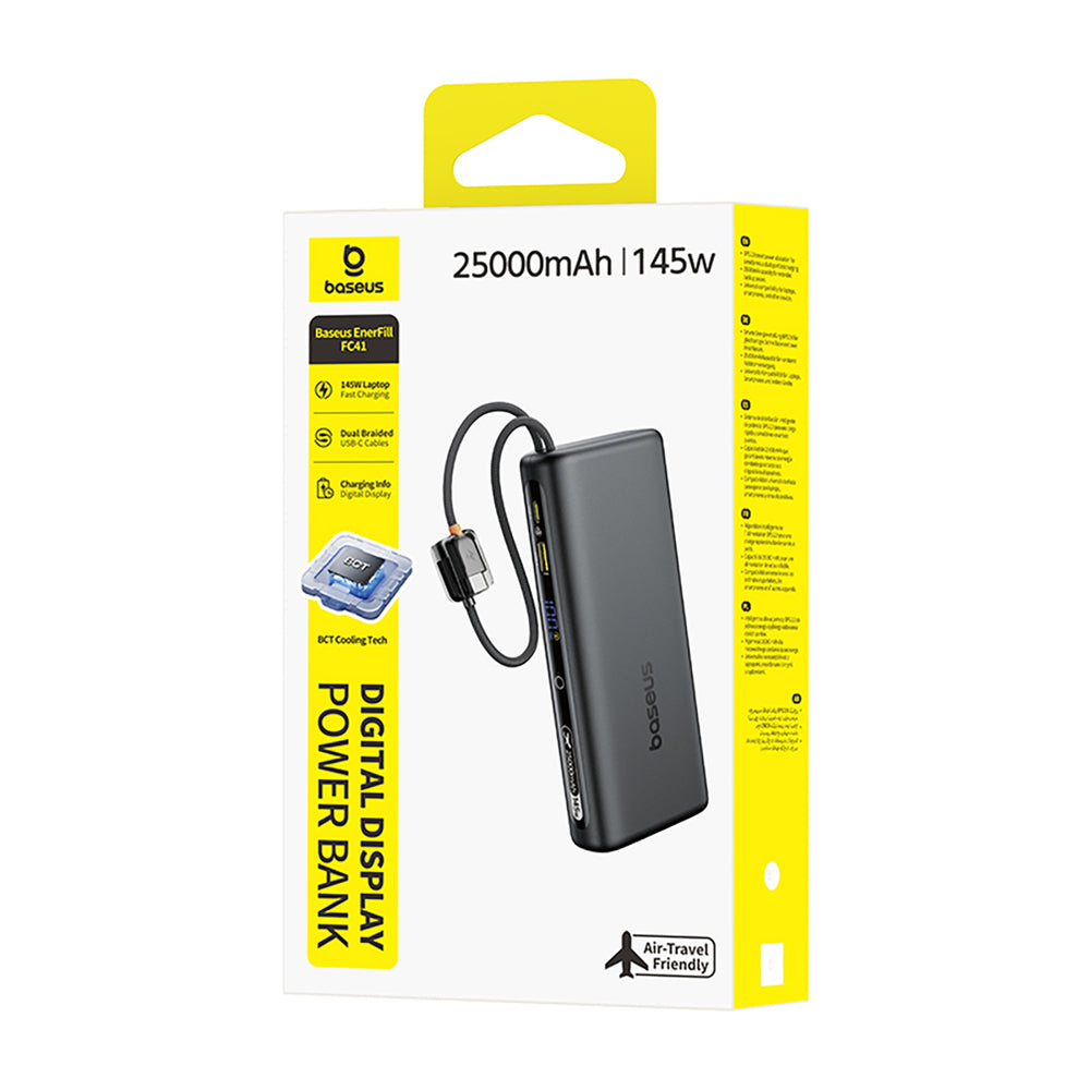 Baseus EnerFill FC41 25000mAh 145W Power Bank with Digital Display and Built-in Dual USB-C Cable - Black