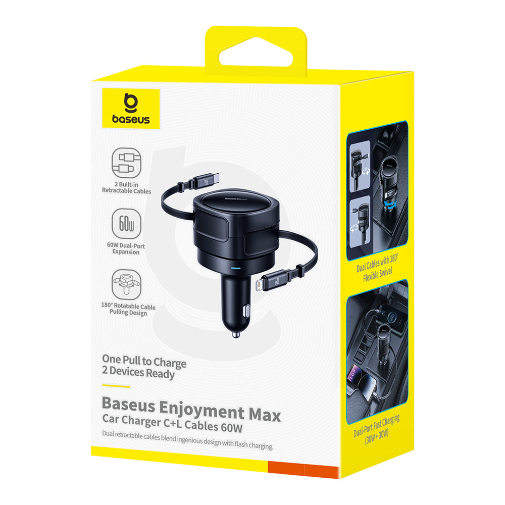 Baseus Enjoyment Max 60W Car Charger with Retractable USB-C and Lightning Cables - Black