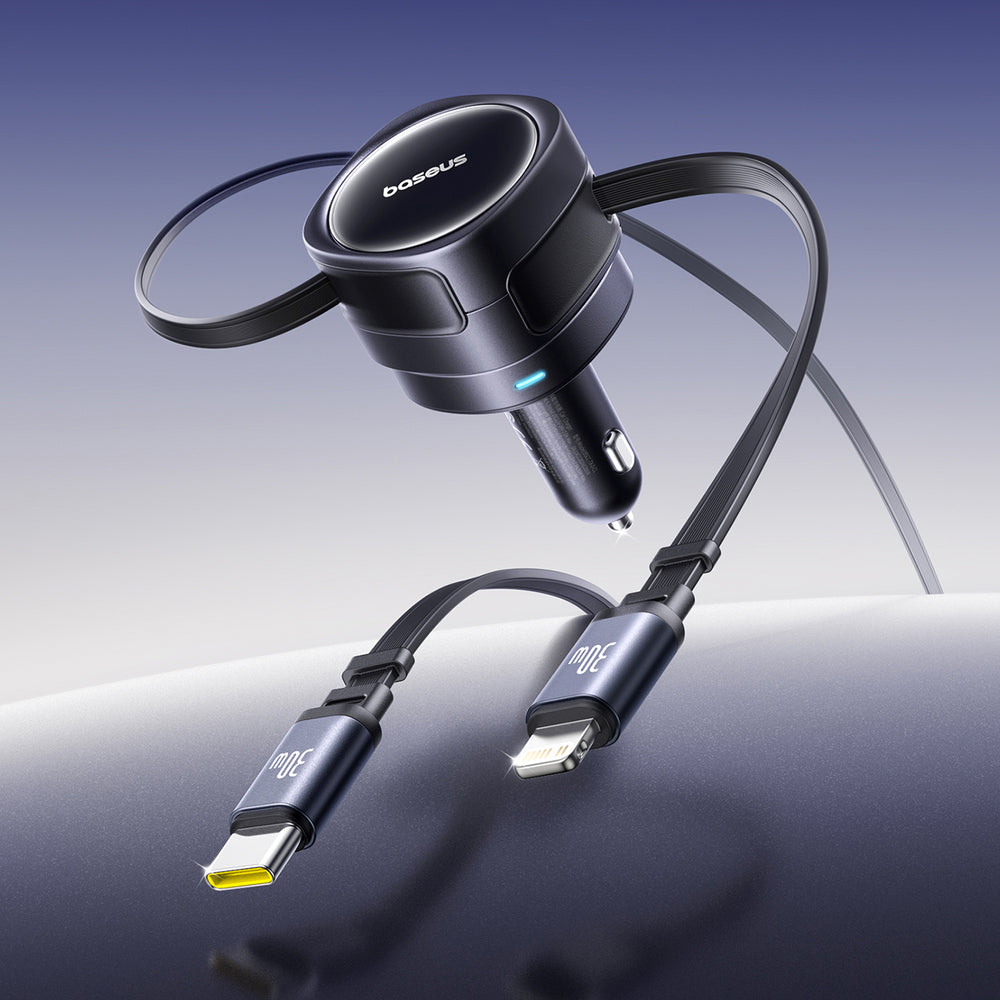 Baseus Enjoyment Max 60W Car Charger with Retractable USB-C and Lightning Cables - Black
