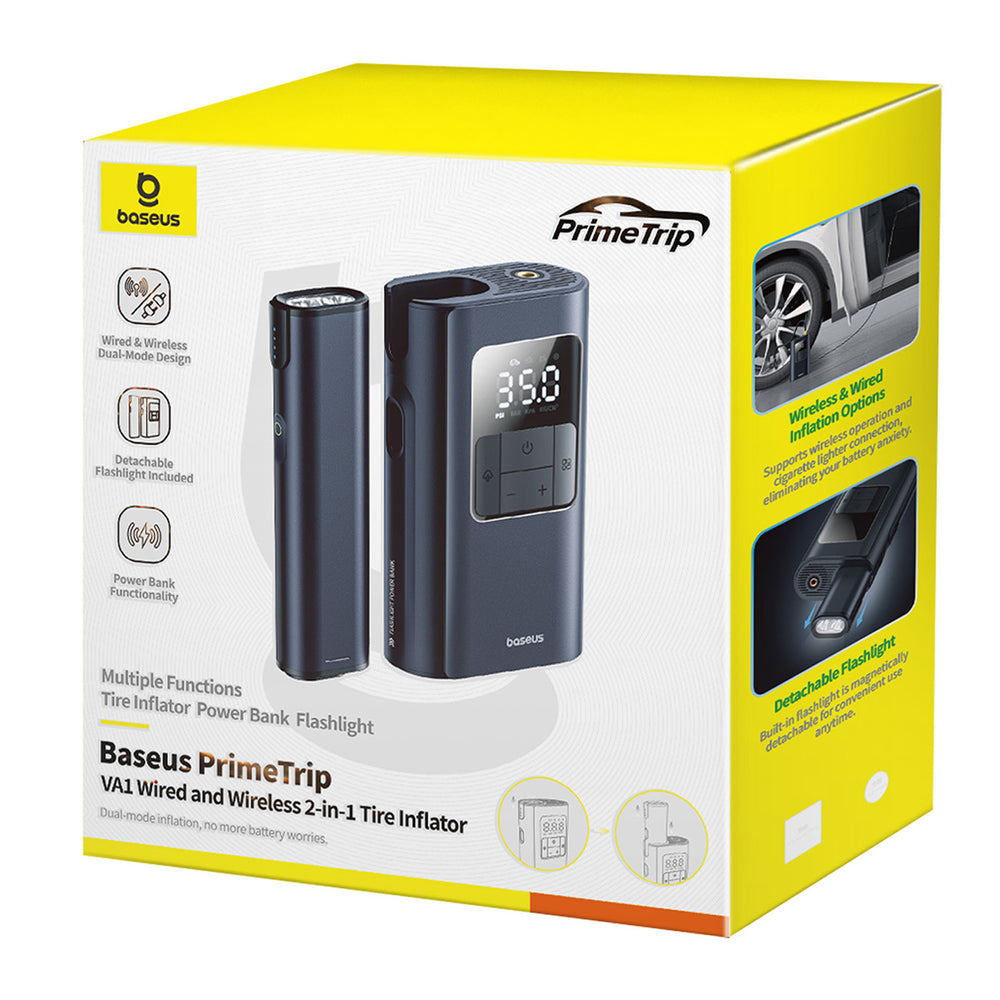 Baseus PrimeTrip VA1 75W 2-in-1 Tire Compressor with Flashlight and 6000mAh Power Bank - Black
