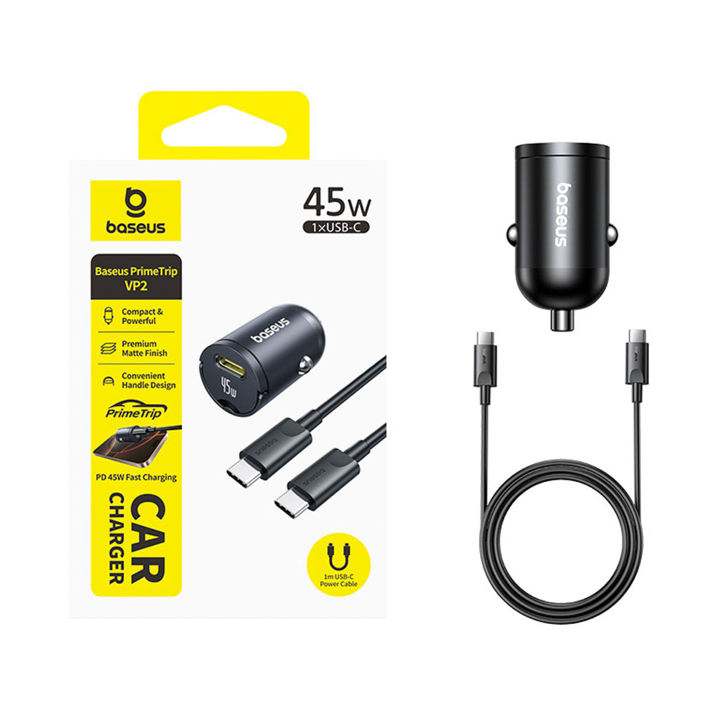 Baseus PrimeTrip VP2 45W USB-C Car Charger with 60W USB-C to USB-C 1m Cable - Black