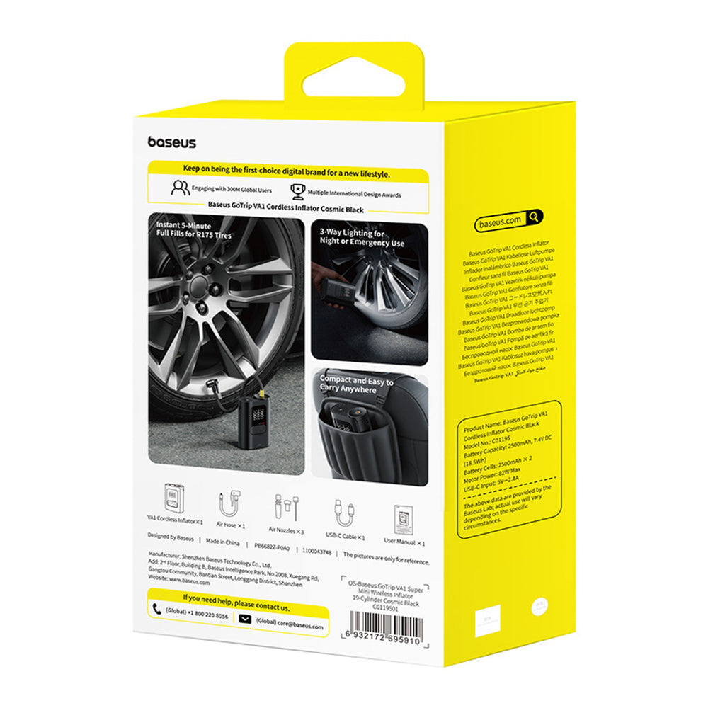 Baseus GoTrip VA1 Super Mini Wireless Air Compressor with 3 Tips - Black