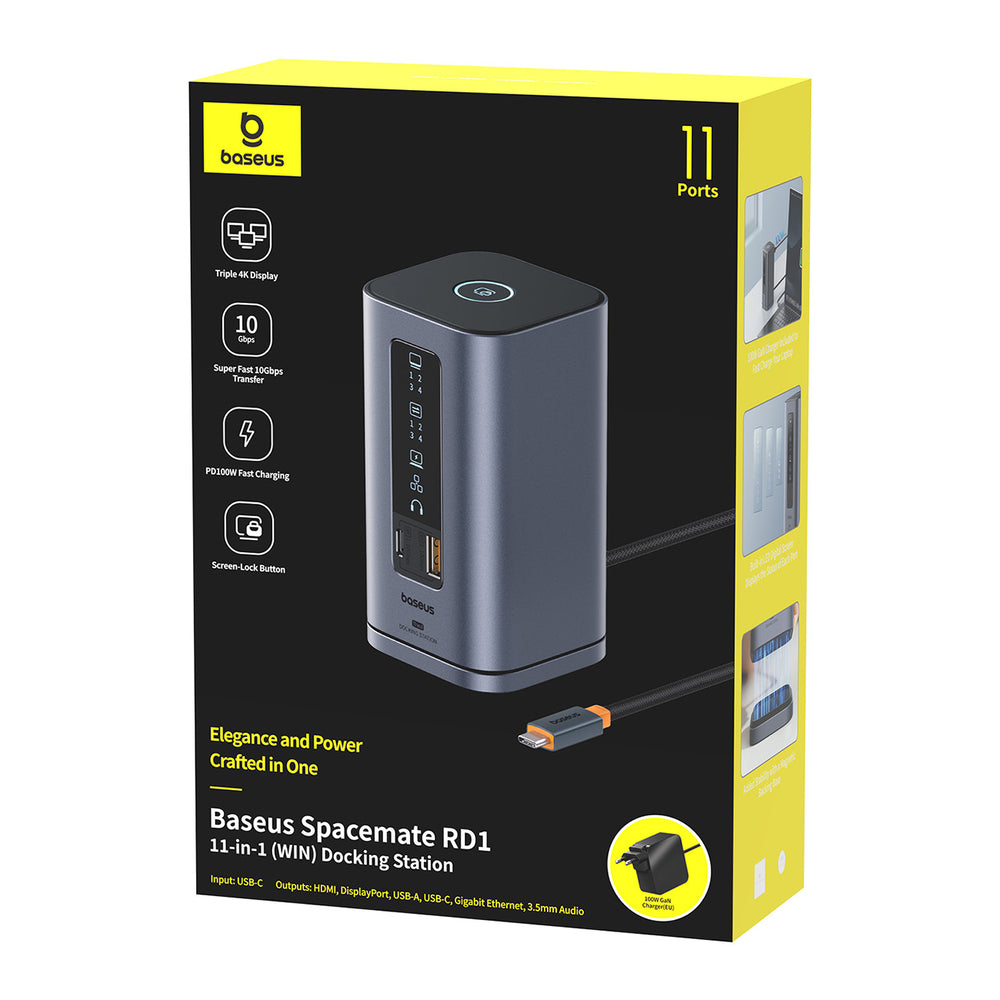 Baseus Spacemate RD1 hub 11in1 USB-C docking station - 2xHDMI 4K@60Hz 2xDP 4K@60Hz 2xUSB-A 10Gb/s USB-C 10Gb/s RJ45 USB-A 480Mb/s USB-C PD mini jack 3.5mm EU oplader - grå