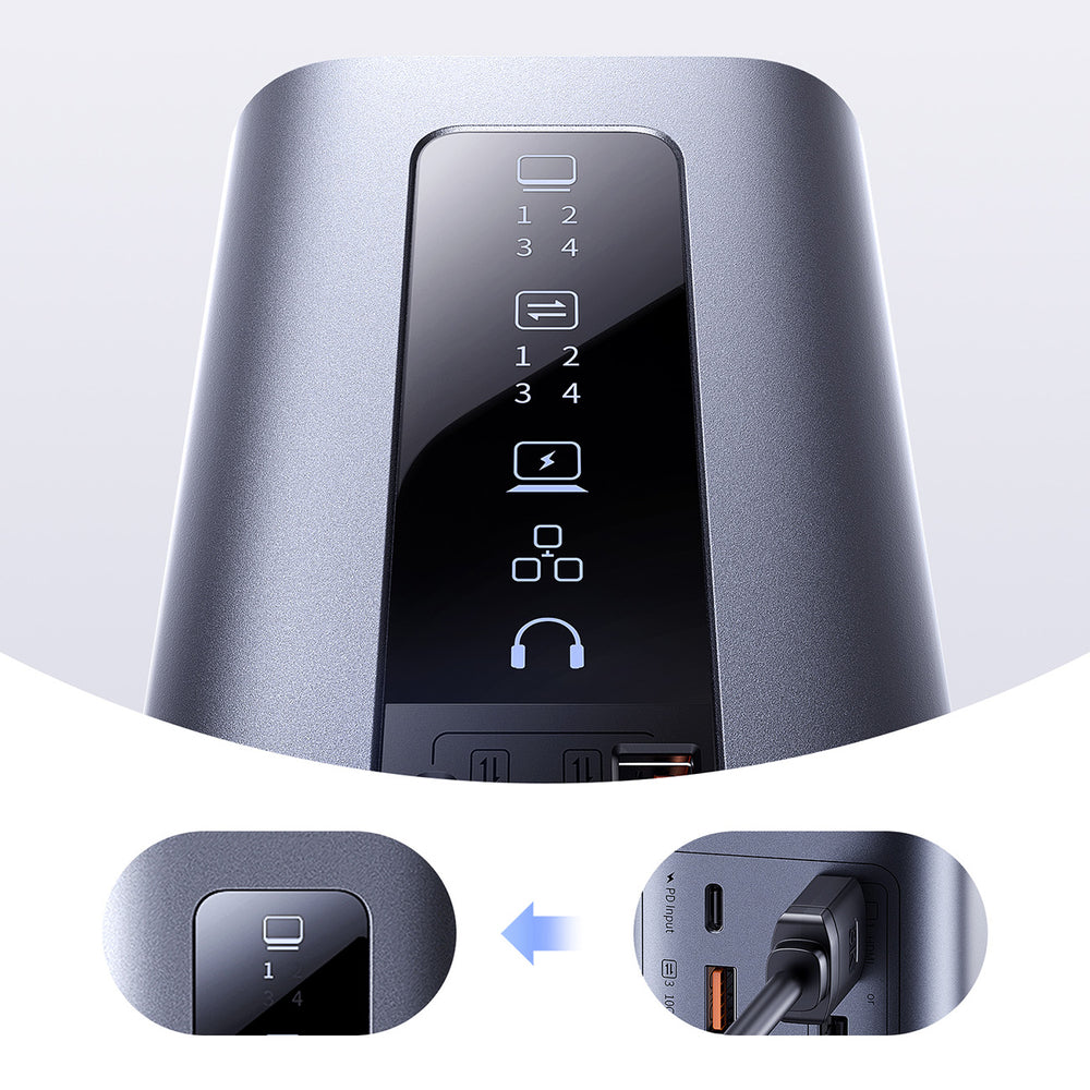 Baseus Spacemate RD1 hub 11in1 USB-C docking station - 2xHDMI 4K@60Hz 2xDP 4K@60Hz 2xUSB-A 10Gb/s USB-C 10Gb/s RJ45 USB-A 480Mb/s USB-C PD mini jack 3.5mm EU oplader - grå