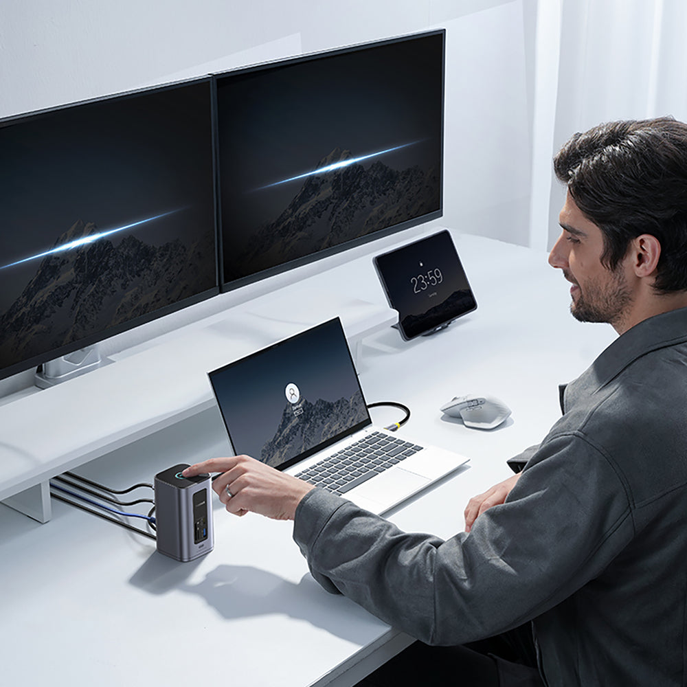 Baseus NU1 Air Spacemate hub 12in1 USB-C docking station - 2xHDMI 4K@60Hz 2xUSB-C 10Gb/s 2xUSB-A 5Gb/s 2xUSB-A (480Mb/s) RJ45 SD/microSD 3.0 USB-C (PD) - gray