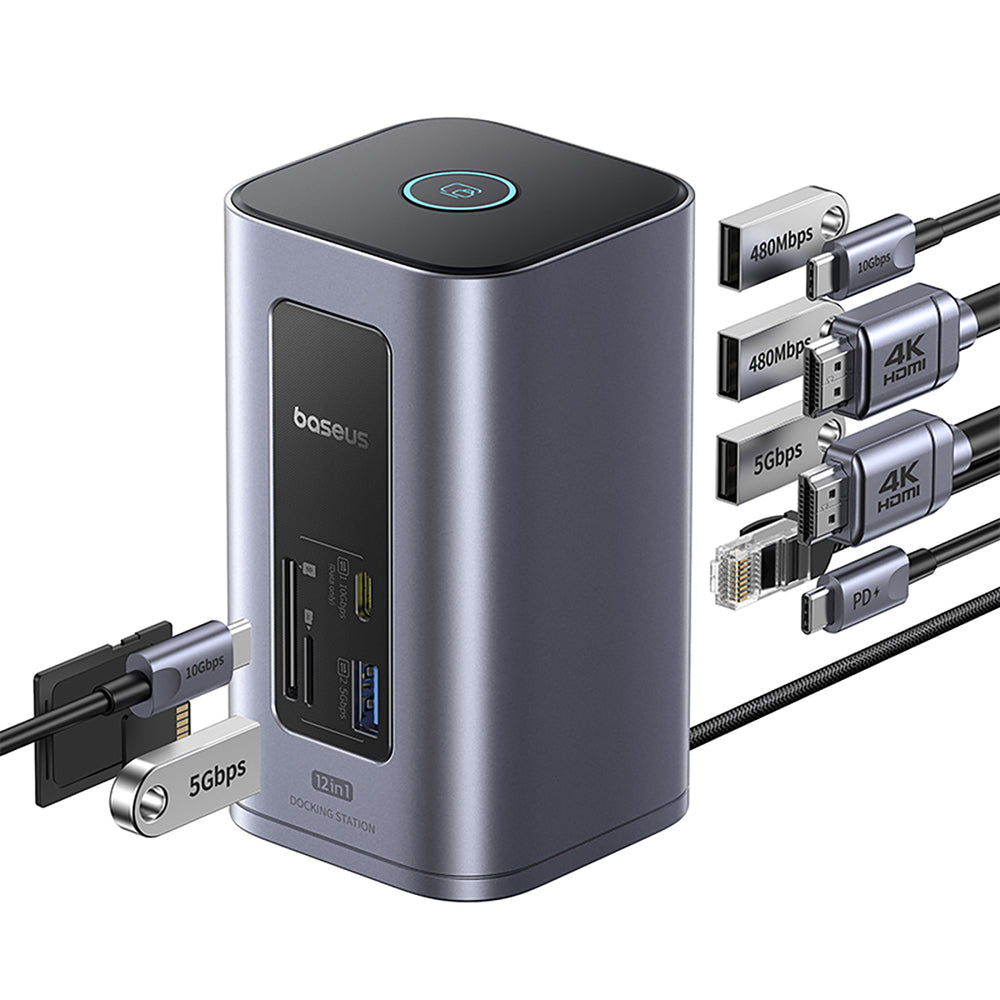 Baseus NU1 Air Spacemate hub 12in1 USB-C docking station - 2xHDMI 4K@60Hz 2xUSB-C 10Gb/s 2xUSB-A 5Gb/s 2xUSB-A (480Mb/s) RJ45 SD/microSD 3.0 USB-C (PD) - gray