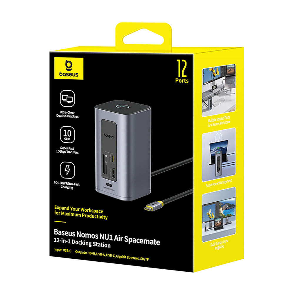 Baseus NU1 Air Spacemate hub 12in1 USB-C docking station - 2xHDMI 4K@60Hz 2xUSB-C 10Gb/s 2xUSB-A 5Gb/s 2xUSB-A (480Mb/s) RJ45 SD/microSD 3.0 USB-C (PD) - gray