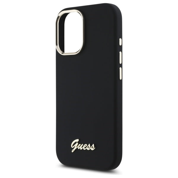 Guess Silicone Script Metal Logo & Frame Case til iPhone 16 Plus - sort