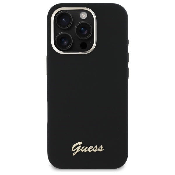 Guess Silicone Script Metal Logo & Frame Case til iPhone 16 Pro Max - sort
