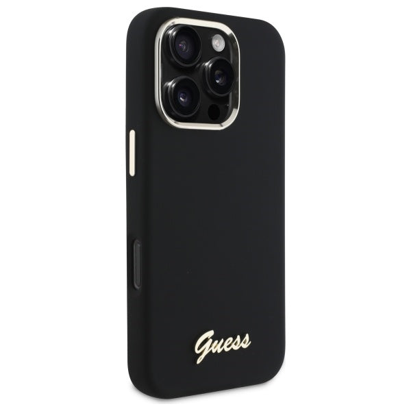 Guess Silicone Script Metal Logo & Frame Case til iPhone 16 Pro Max - sort