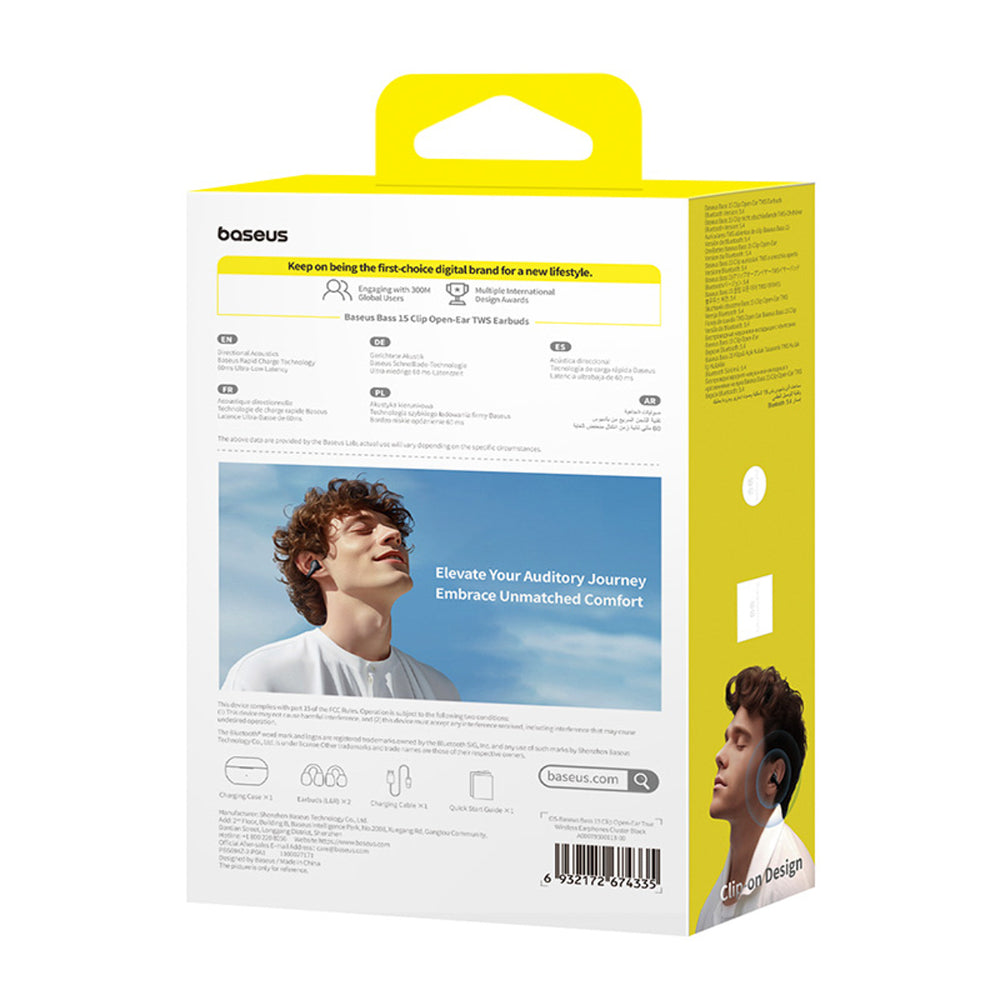Baseus Bass 15 Clip OWS Trådløse hovedtelefoner med Baseus Simple USB-C 3A 30 cm kabel - sort