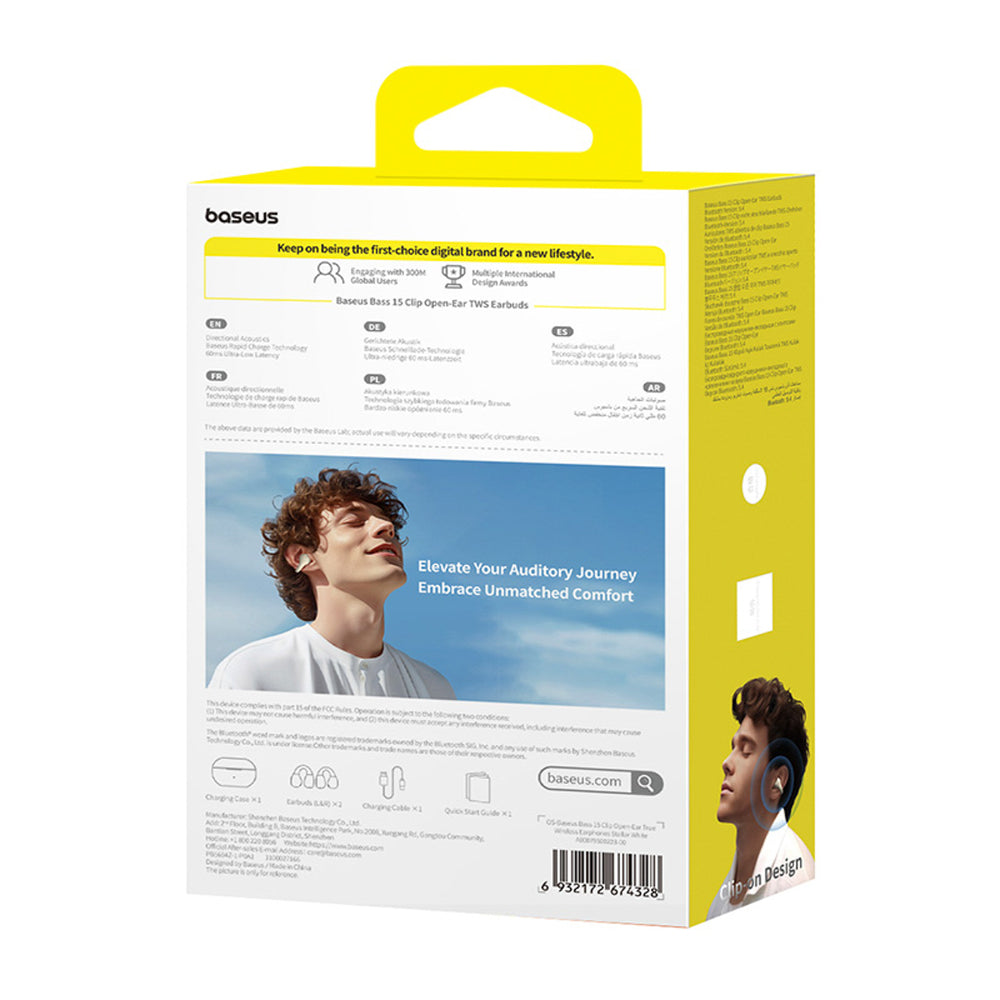 Baseus Bass 15 Clip OWS trådløse hovedtelefoner med Baseus Simple USB-C 3A 30cm kabel - hvid