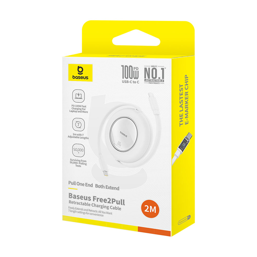 Baseus Free2Pull Mini 100W Retractable USB-C-kabel - USB-C 2m - hvid