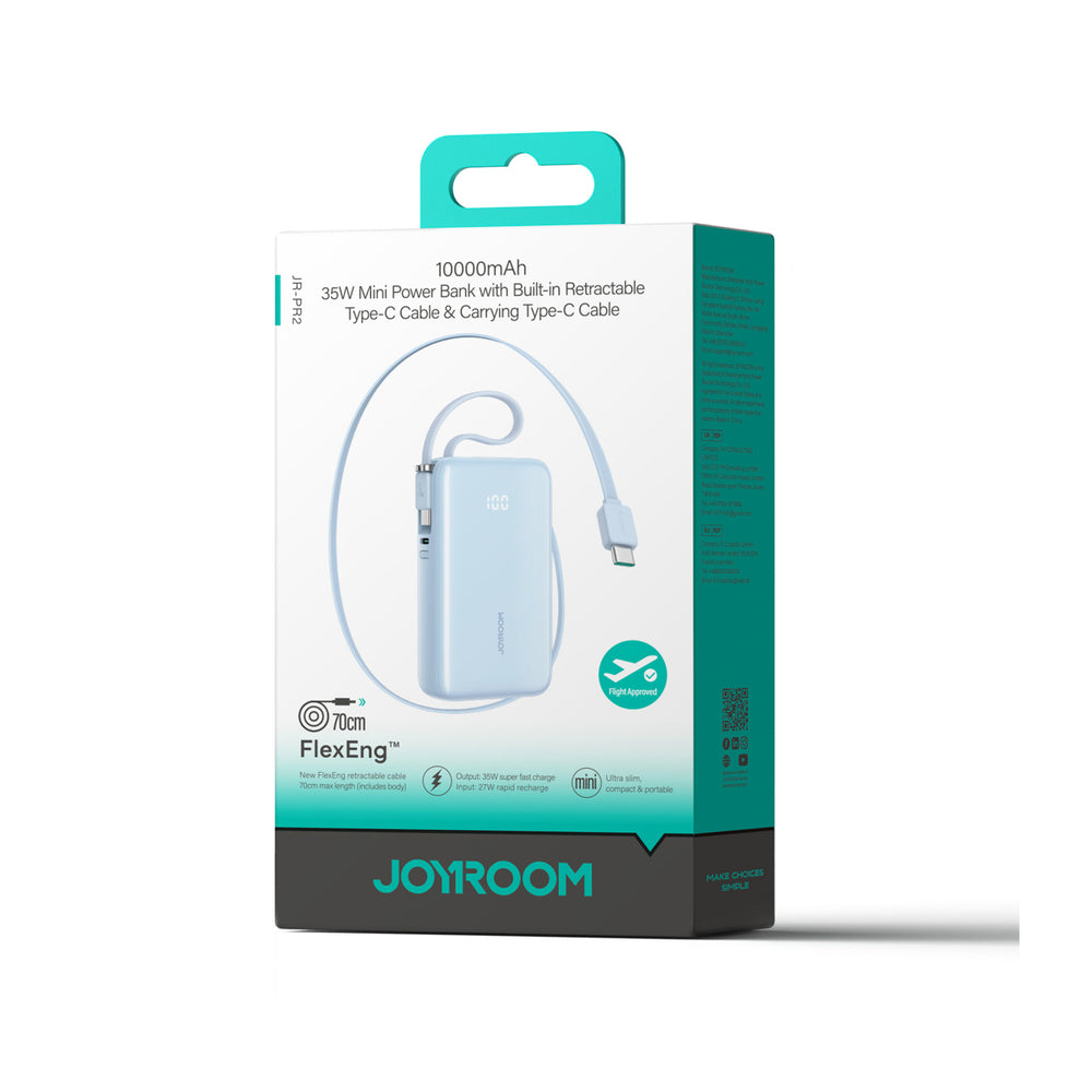 Joyroom JR-PR2L 10000mAh 35W Power Bank med indbygget inddrageligt USB-C-kabel og USB-C Lanyard-kabel - Blå