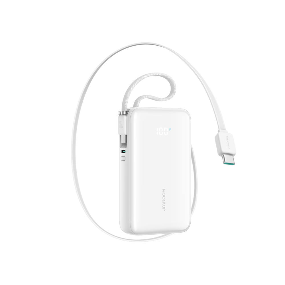 Joyroom JR-PR2 35W 10000mAh Power Bank med inddrageligt USB-C-kabel og indbygget lynkabel - hvid