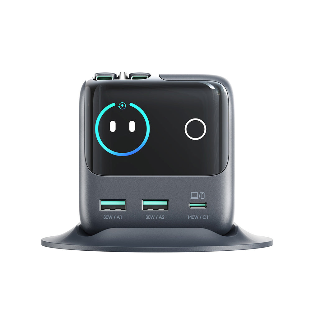 Joyroom Podix JR-TRD01 GaN 140W Desktop Charger with 5 Ports and Dual Retractable Cables - Gray