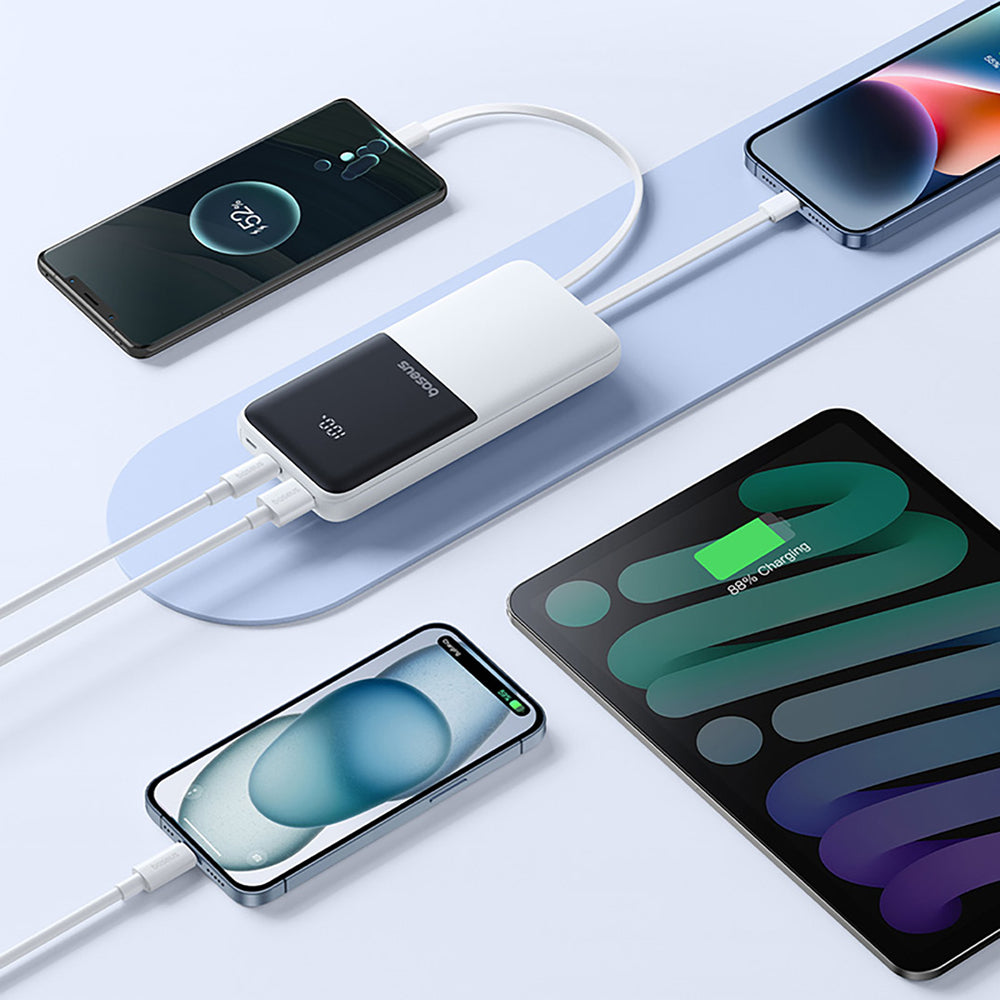 Baseus Lipow 10000mAh 22.5W Powerbank med to indbyggede kabler (med Baseus Simple USB-A - USB-C 3A 20cm kabel) - hvid