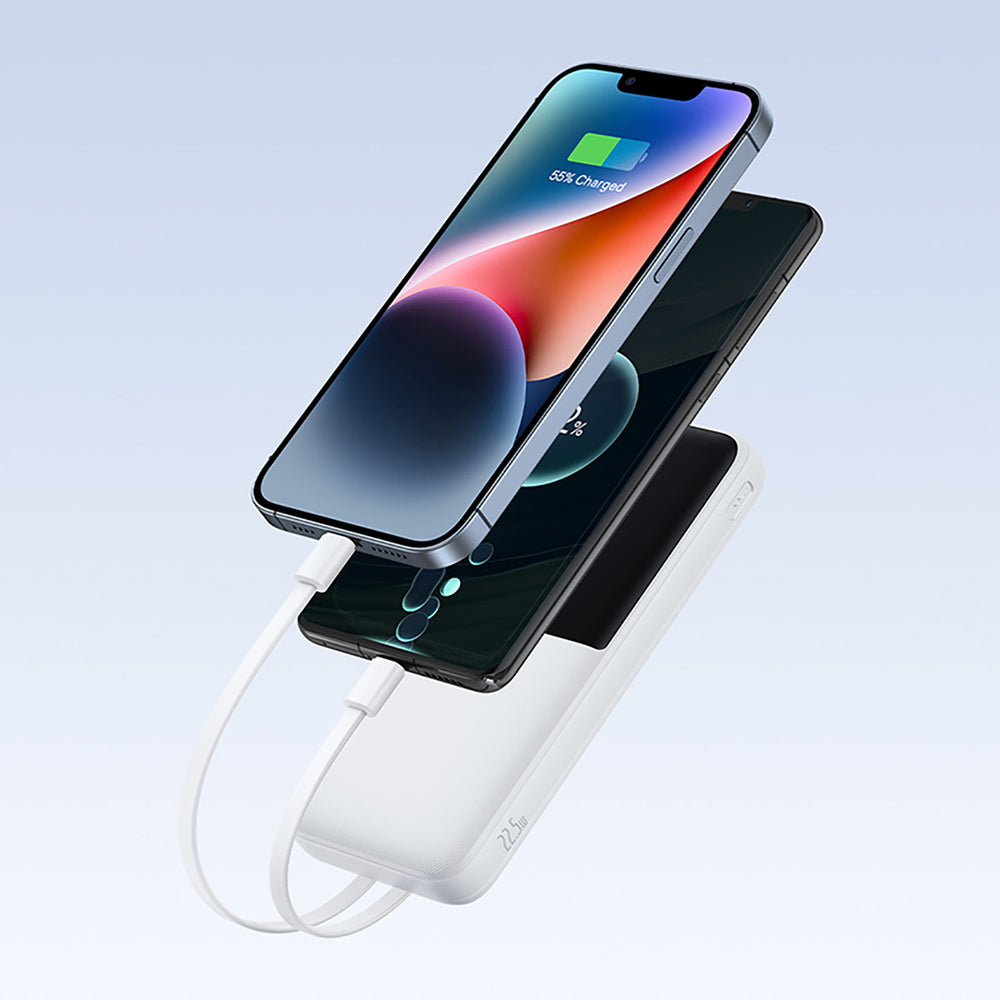 Baseus Lipow 10000mAh 22.5W Powerbank med to indbyggede kabler (med Baseus Simple USB-A - USB-C 3A 20cm kabel) - hvid