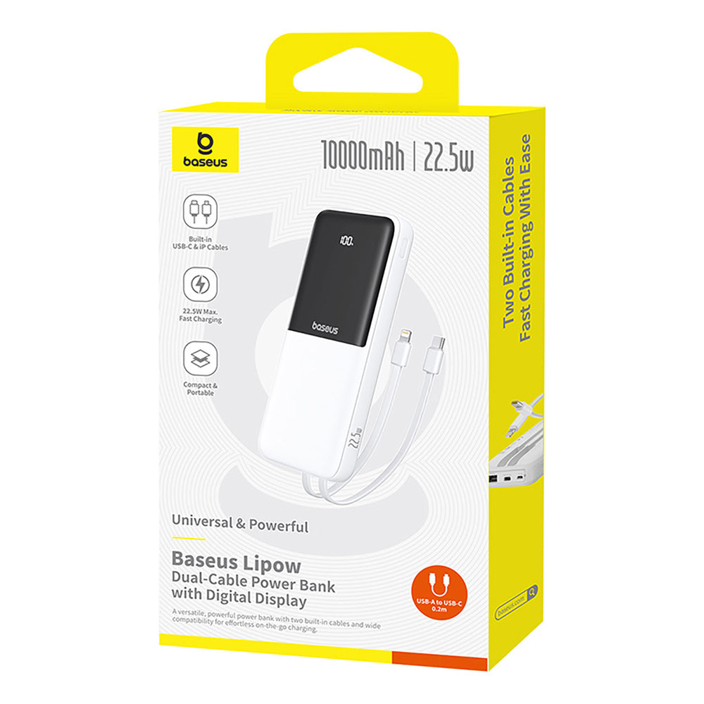 Baseus Lipow 10000mAh 22.5W Powerbank med to indbyggede kabler (med Baseus Simple USB-A - USB-C 3A 20cm kabel) - hvid