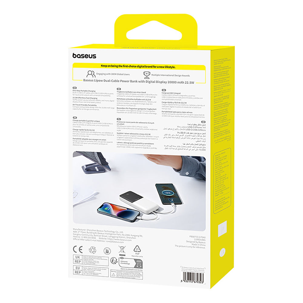 Baseus Lipow 10000mAh 22.5W Powerbank med to indbyggede kabler (med Baseus Simple USB-A - USB-C 3A 20cm kabel) - hvid