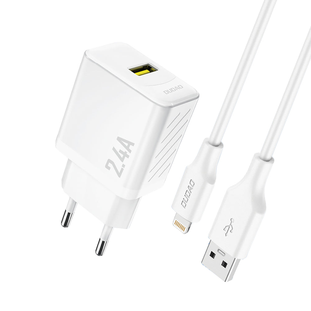 Dudao A23LEU 2.4A GaN EU USB-A Wall Charger med USB-A til Lightning Cable - hvid