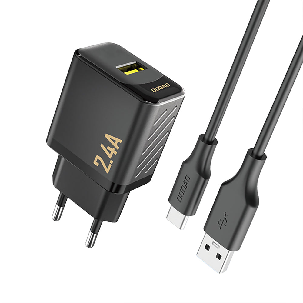 Dudao A23TEU 2.4A GaN USB-A Wall Charger med USB-A - USB-C-kabel - sort