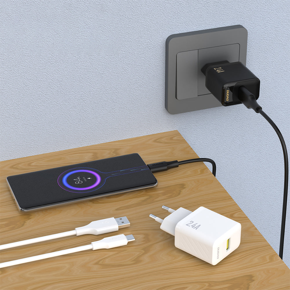 Dudao A23TEU 2.4A GaN USB-A Wall Charger med USB-A - USB-C-kabel - sort
