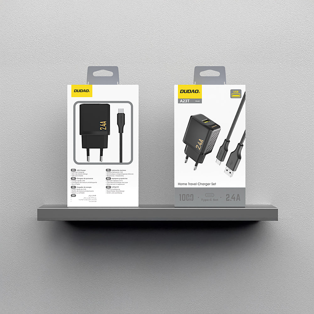 Dudao A23TEU 2.4A GaN USB-A Wall Charger med USB-A - USB-C-kabel - sort
