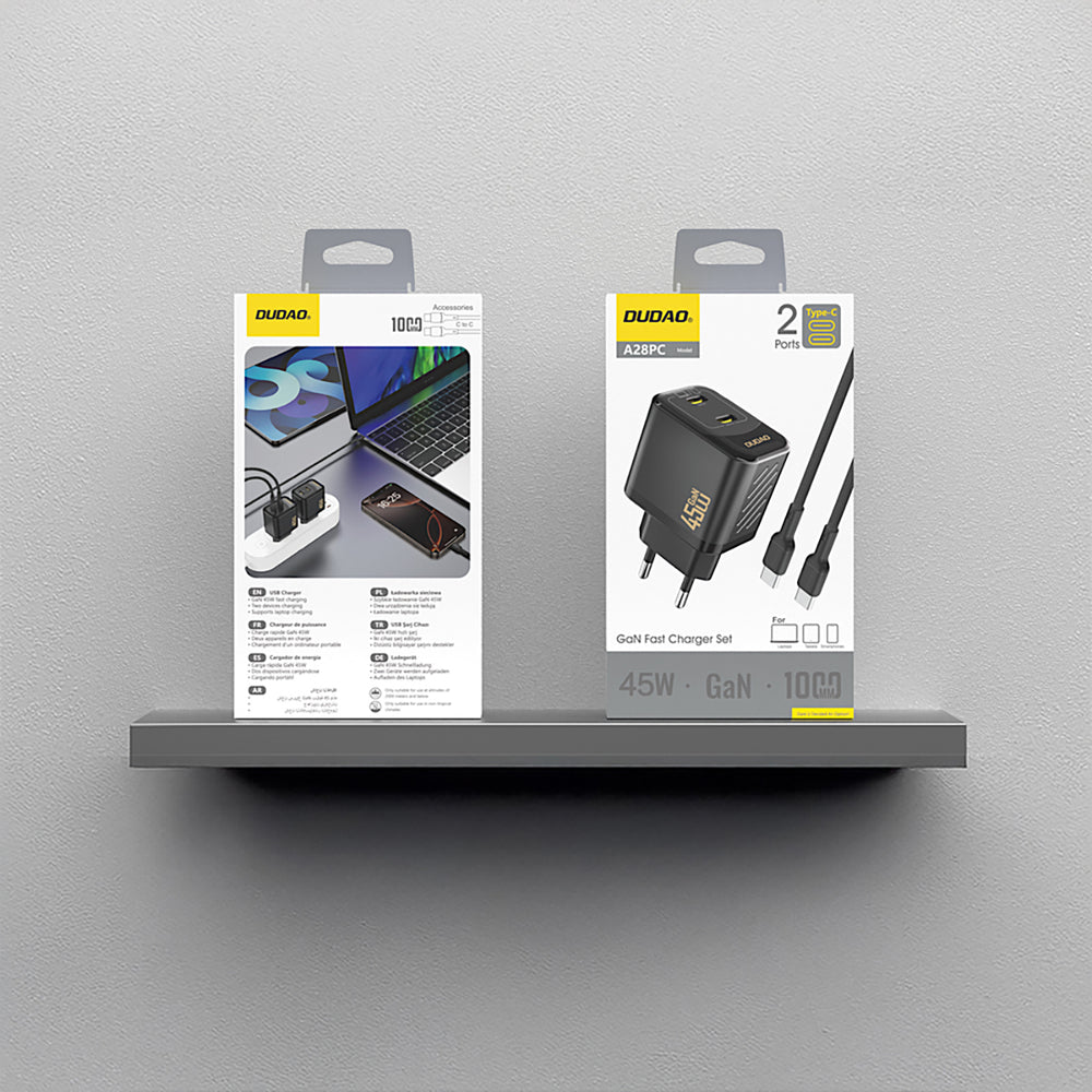 Dudao A28PCEU PD 45W GaN 2xUSB-C Wall Charger med USB-C-kabel - sort