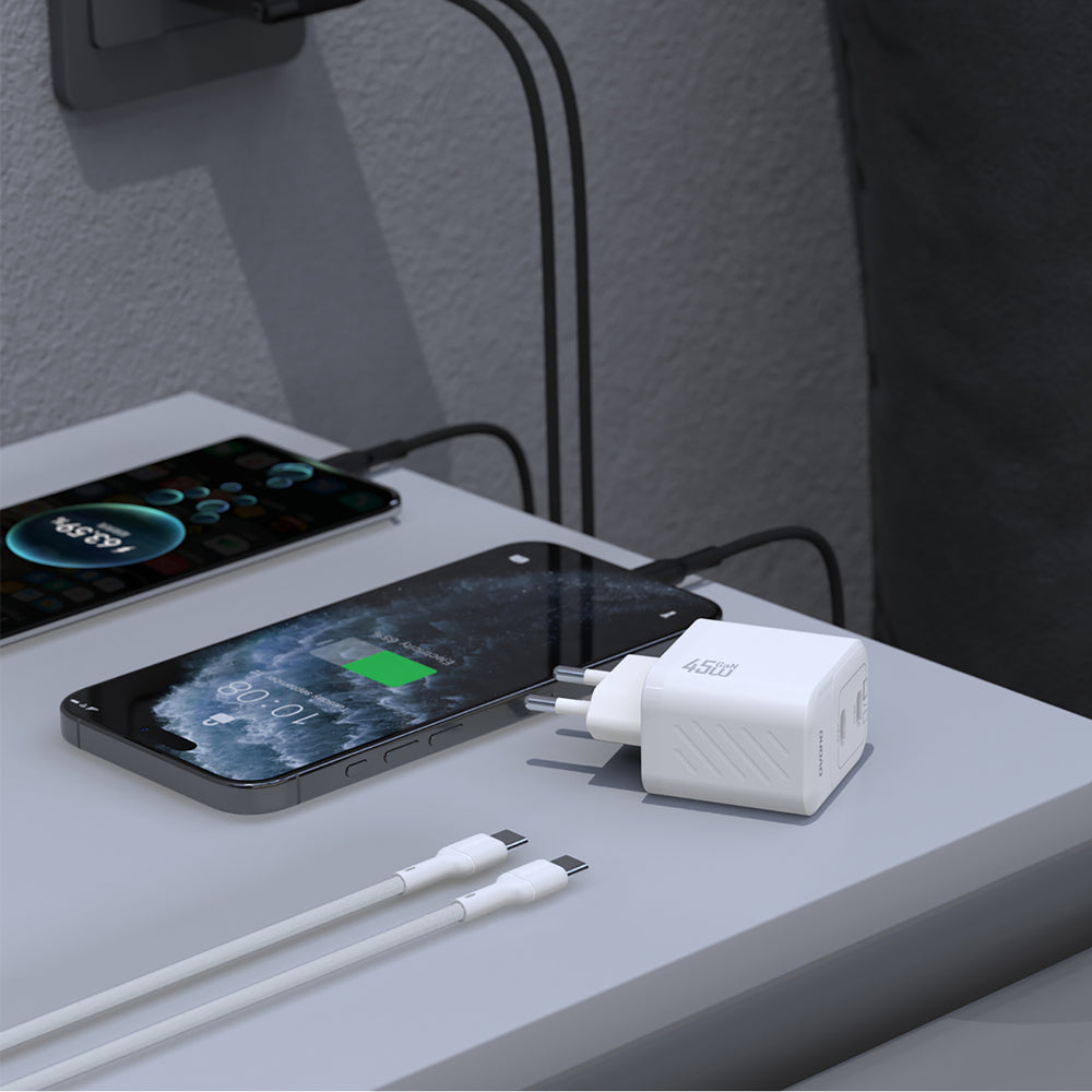 Dudao A28PCEU PD 45W GaN 2xUSB-C Wall Charger med USB-C-kabel - hvid
