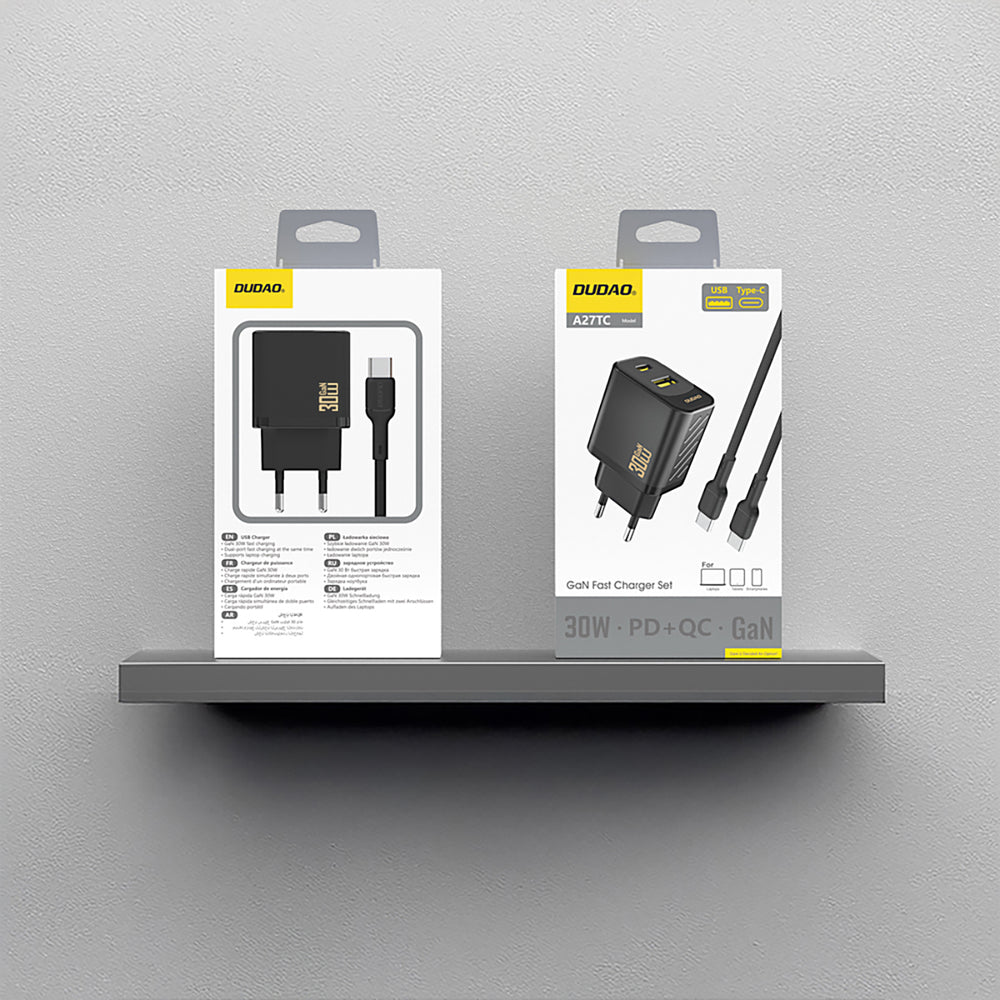 Dudao A27TCEU PD 30W GaN USB-A USB-C Wall Charger med USB-C-kabel - sort